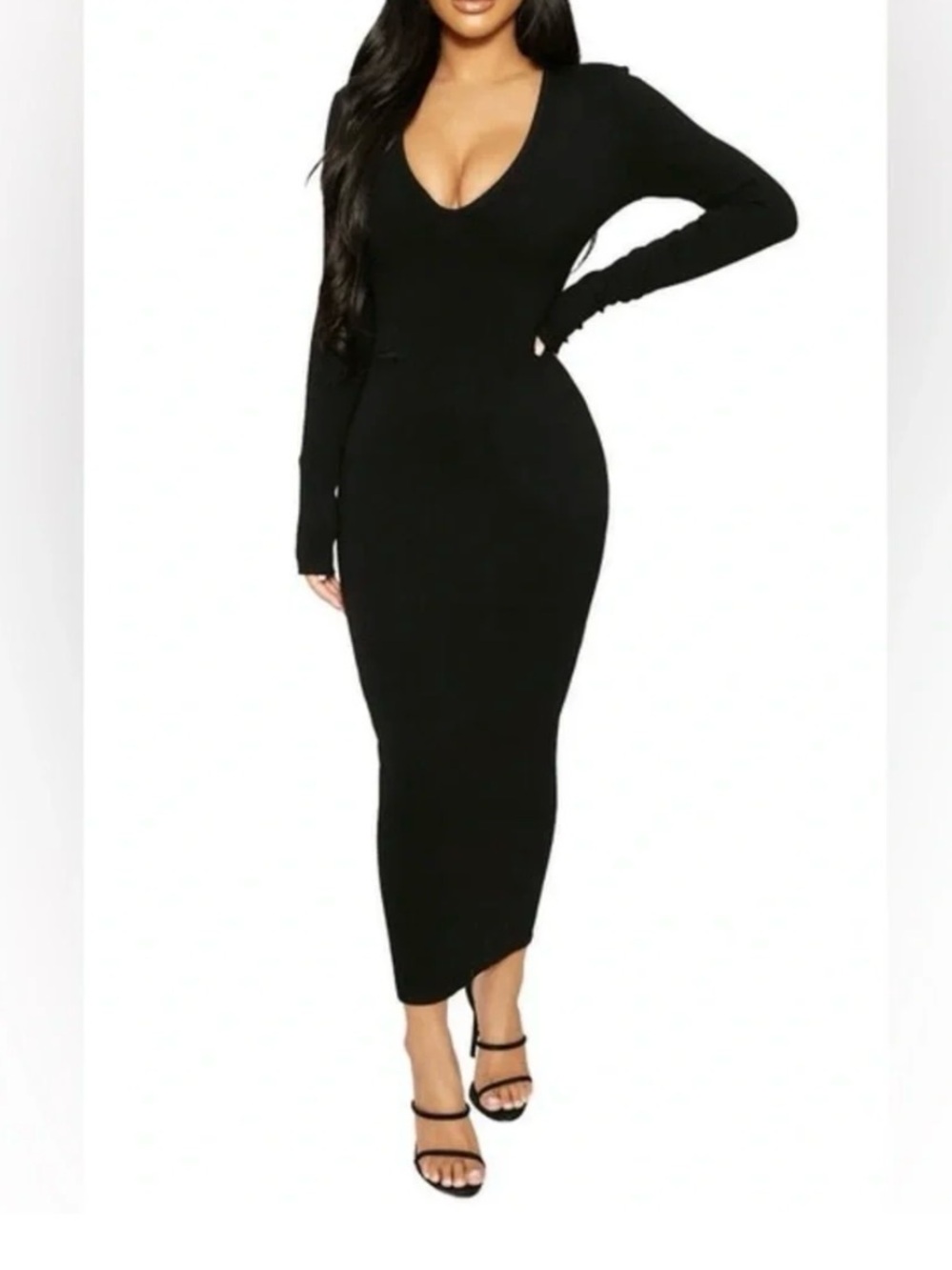 Naked Wardrobe Black Scoop V Neck Long Sleeve Bodycon Midi Dress 1X Stretchy LBD